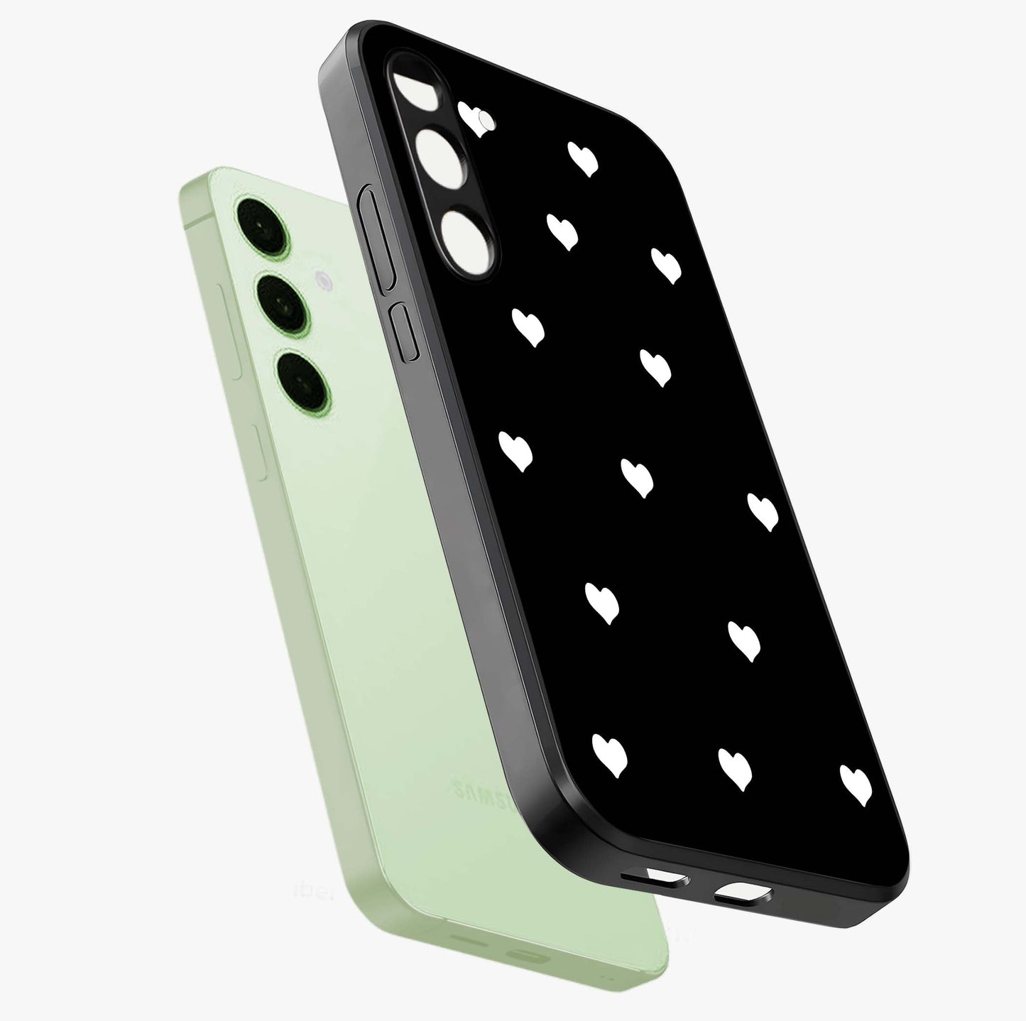 Cute And Simple White Hearts Glass Case displayed in angled mockup highlighting cute heart design with clean aesthetic style.