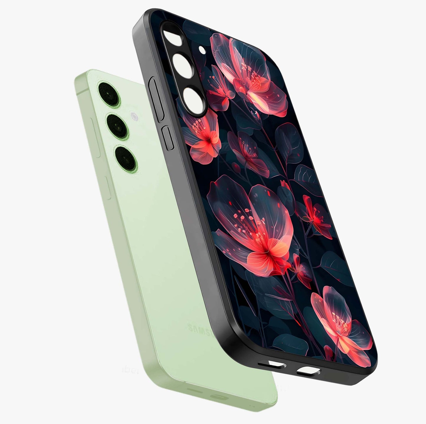 Dark Shade of Flower Glass Case displayed in angled mockup highlighting moody floral illustration with aesthetic dark tones.