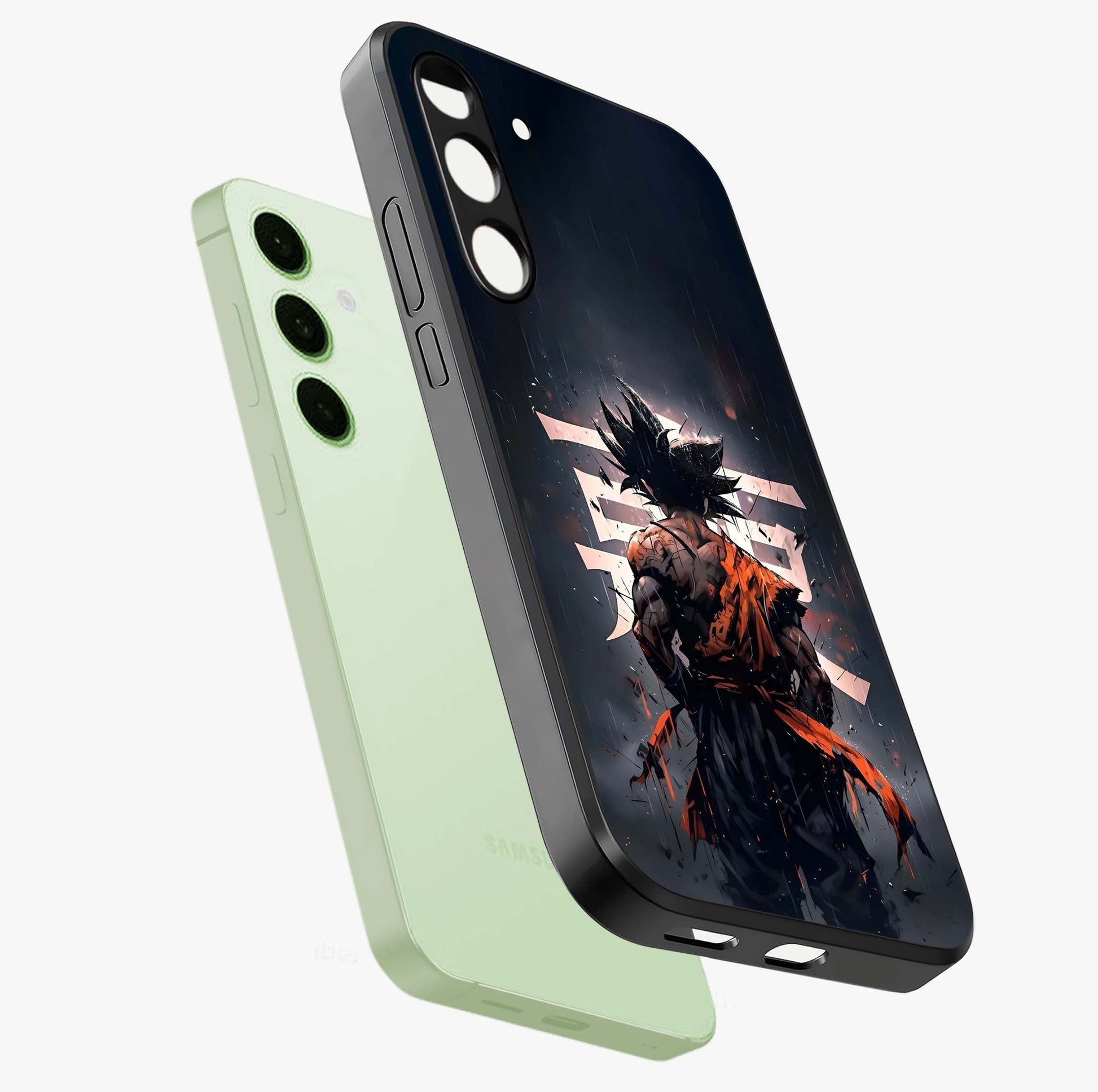 Dark Warrior In Rain Glass Case displayed in angled mockup highlighting dramatic warrior illustration with dark rain aesthetic.