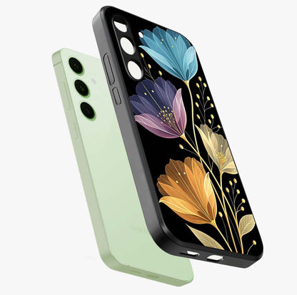 Delicate Multicolor Flowers Glass Case displayed in angled mockup highlighting colorful flower pattern with soft aesthetic style.