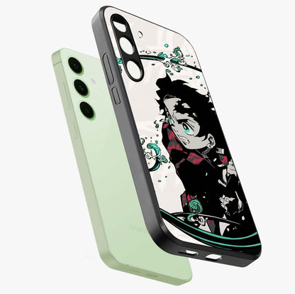Demon Slayer Glass Case displayed in angled mockup highlighting dramatic anime character design with action aesthetic.