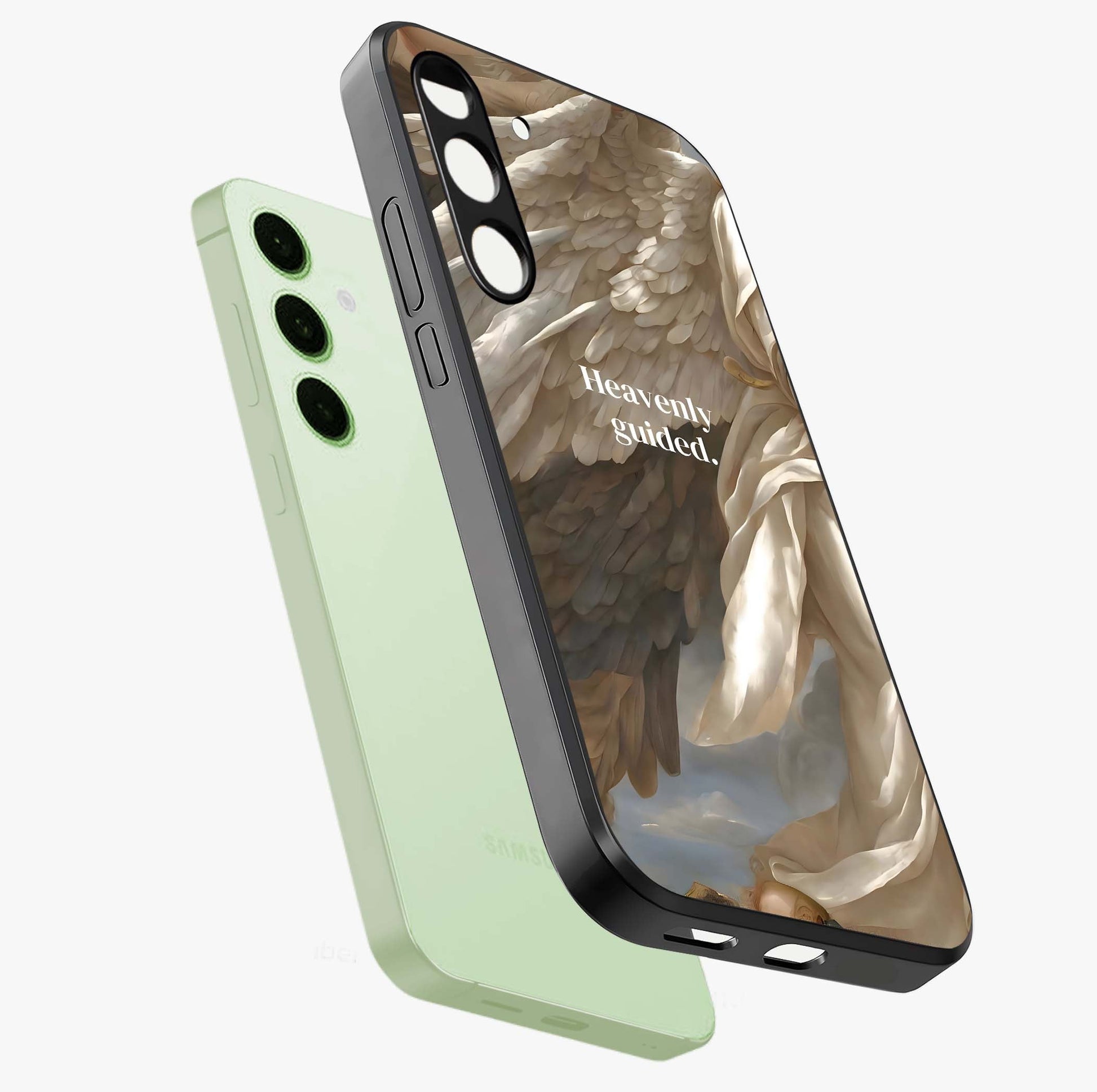 Divine Winged Grace Glass Case displayed in angled mockup highlighting graceful wing design with divine aesthetic style.