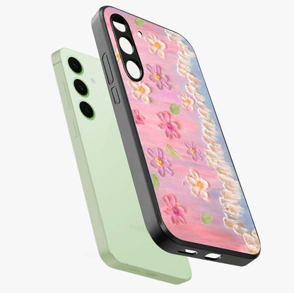 Dreamy Painted Garden Glass Case displayed in angled mockup highlighting colorful garden illustration with dreamy aesthetic style.