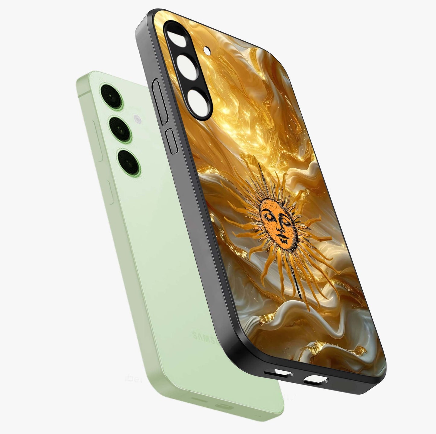 Eternal Golden Glow Glass Case displayed in angled mockup highlighting glowing golden aesthetic design with elegant style.