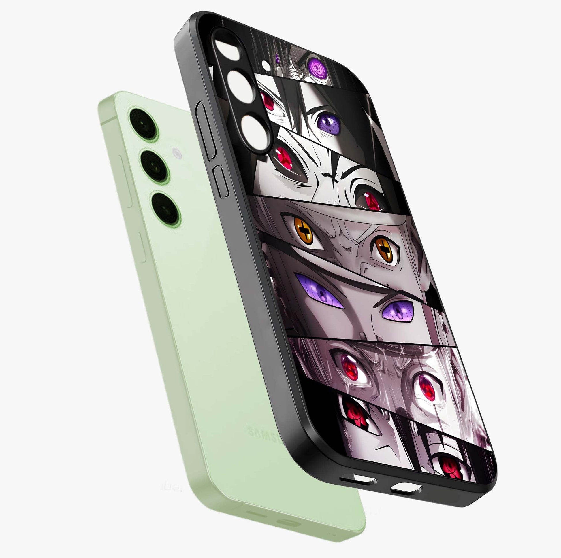 Eyes of Destiny Glass Case displayed in angled mockup highlighting bold eye illustration with mystical aesthetic style.