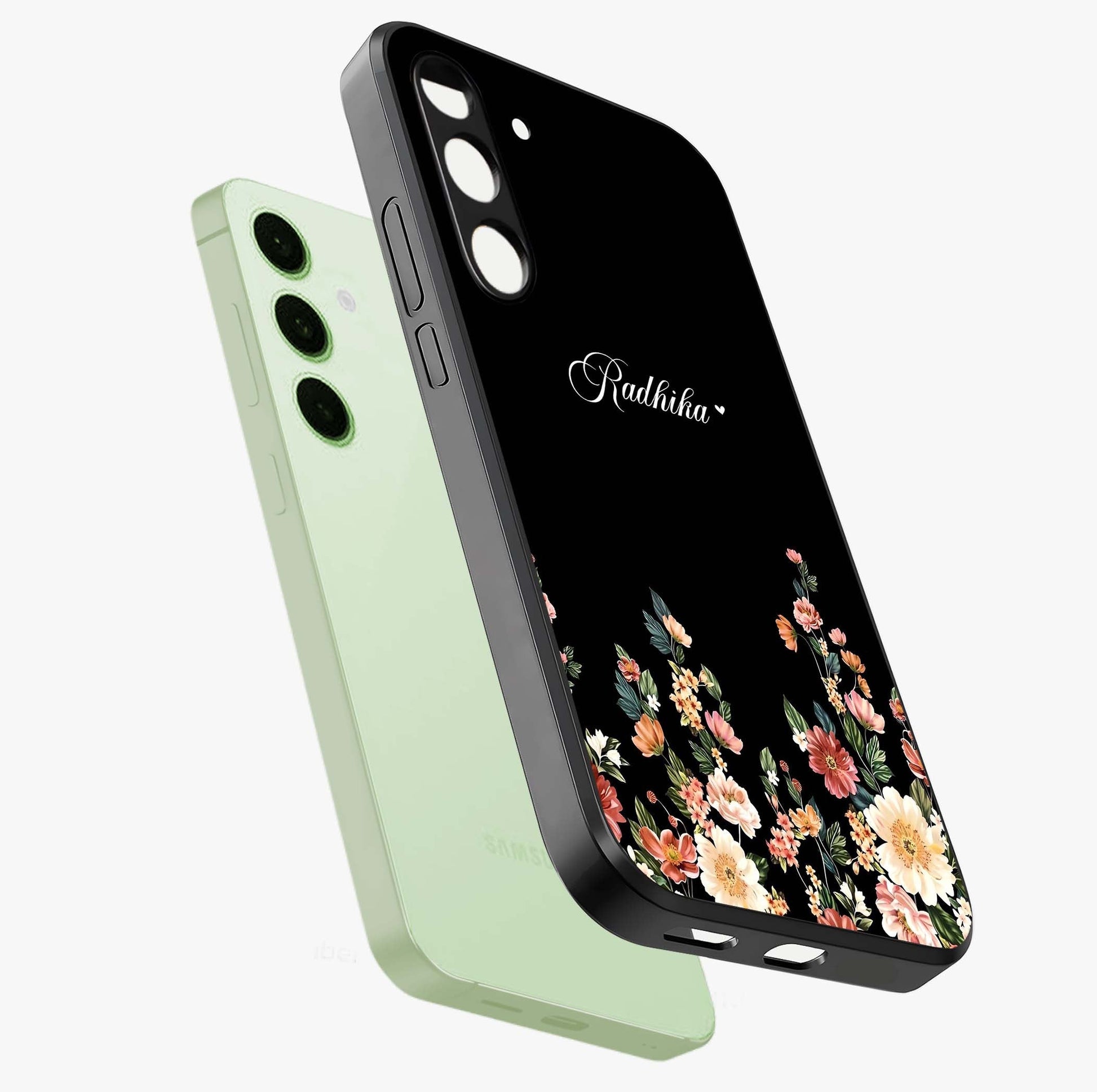 Floral Design With a Custom Personalized Name Glass Case displayed in angled mockup highlighting elegant floral pattern with custom name feature.