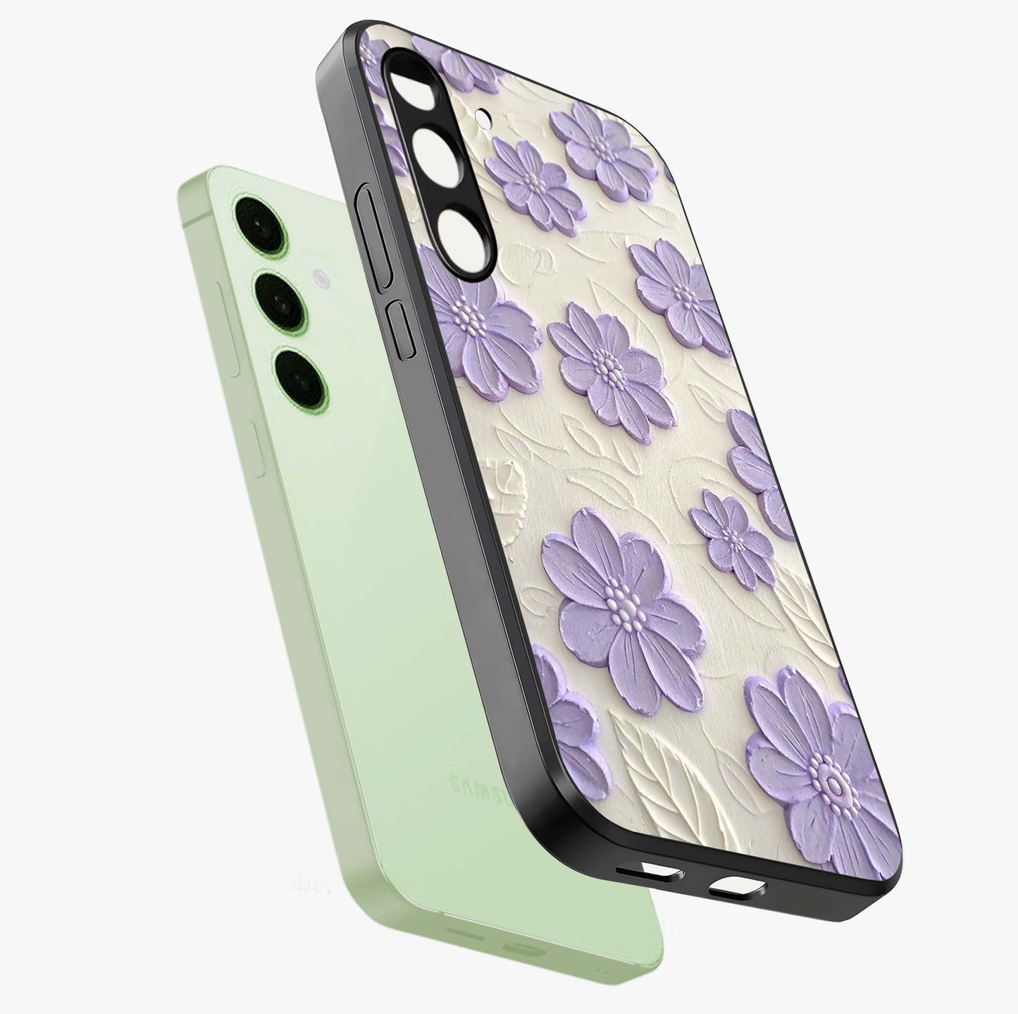 Floral Wall Art With Purple Flowers Glass Case displayed in angled mockup highlighting vibrant purple floral illustration with artistic aesthetic.