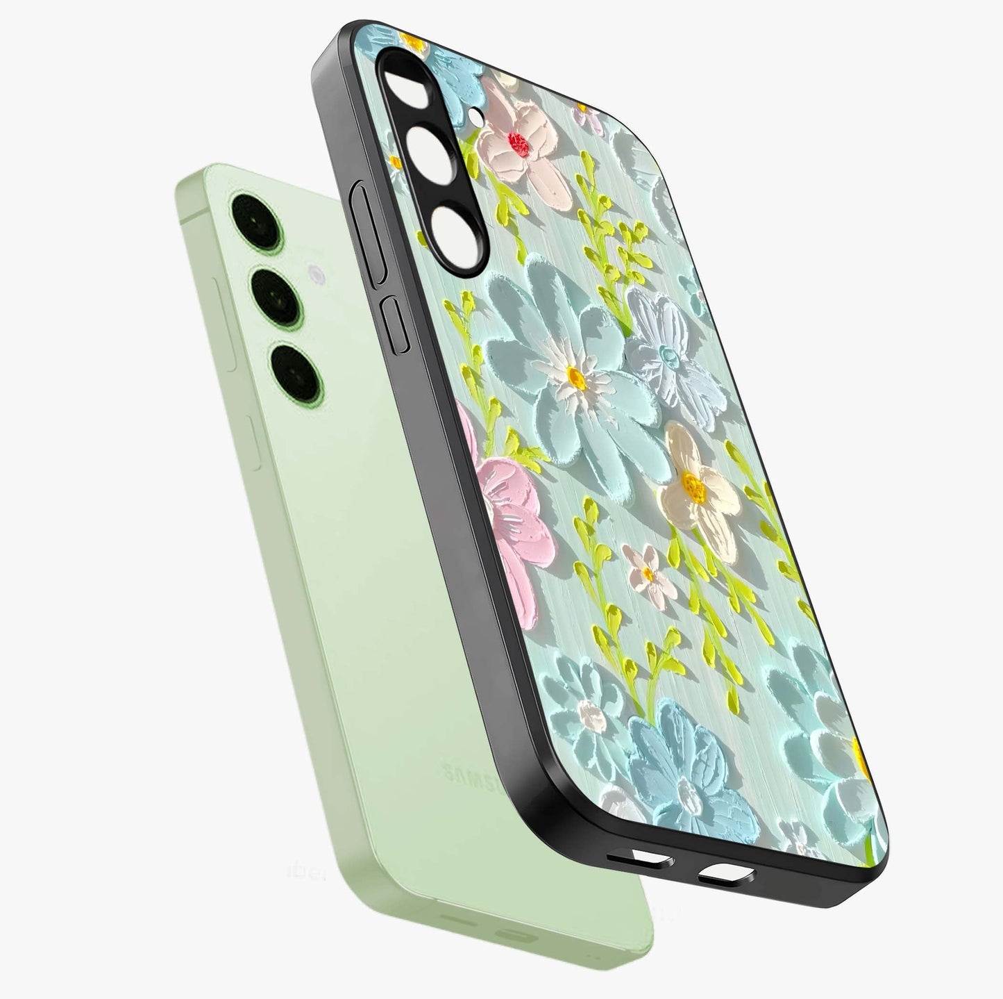 Frosted Petal Garden Glass Case displayed in angled mockup highlighting delicate flower petal design with calm garden aesthetic.