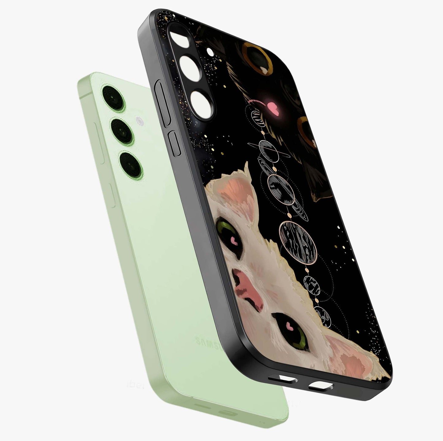 Galactic Cat Glass Case displayed in angled mockup highlighting celestial feline illustration with galaxy aesthetic style.