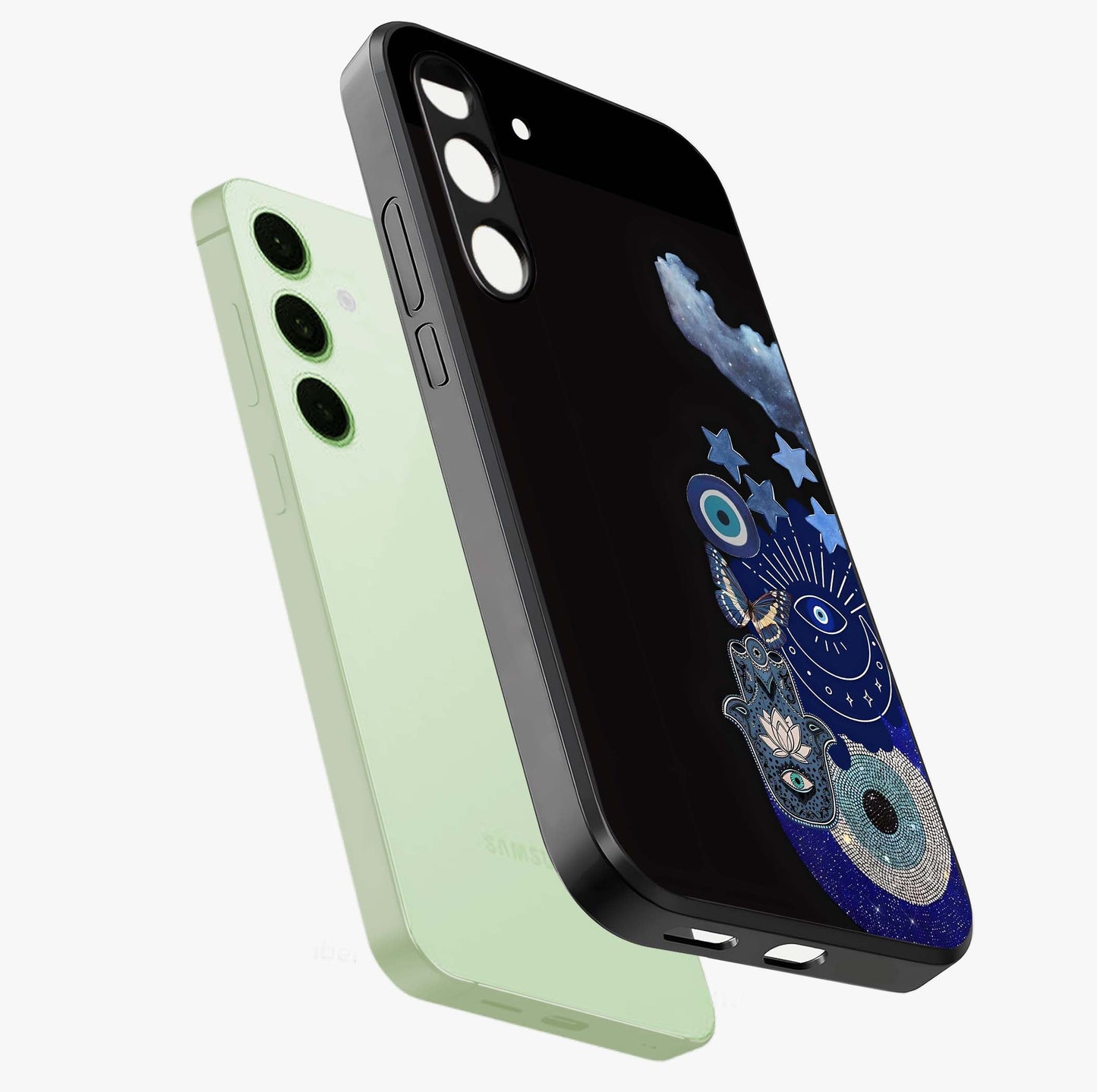 Galactic Charm Cluster Glass Case displayed in angled mockup highlighting luminous galaxy inspired design with dreamy aesthetic.
