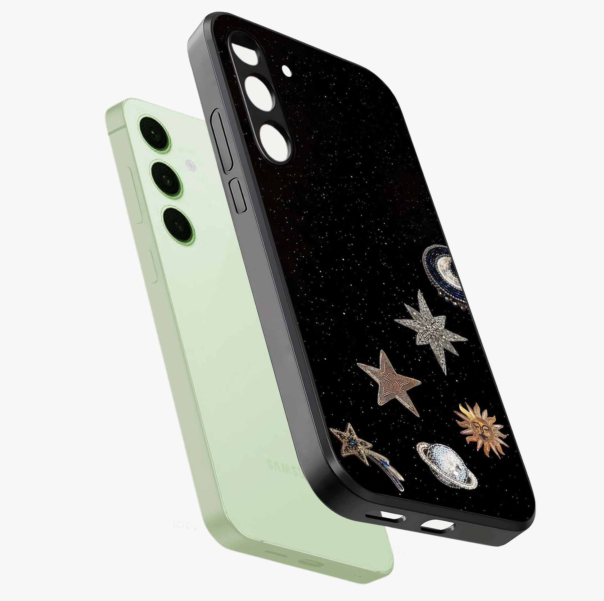 Galactic Charm Glow Glass Case displayed in angled mockup highlighting luminous galaxy inspired design with dreamy aesthetic.