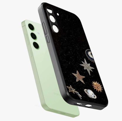 Galactic Charm Glow Glass Case displayed in angled mockup highlighting luminous galaxy inspired design with dreamy aesthetic.