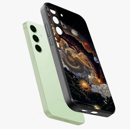 Galactic Divine God Glass Case displayed in angled mockup highlighting powerful celestial deity illustration with galactic aesthetic.
