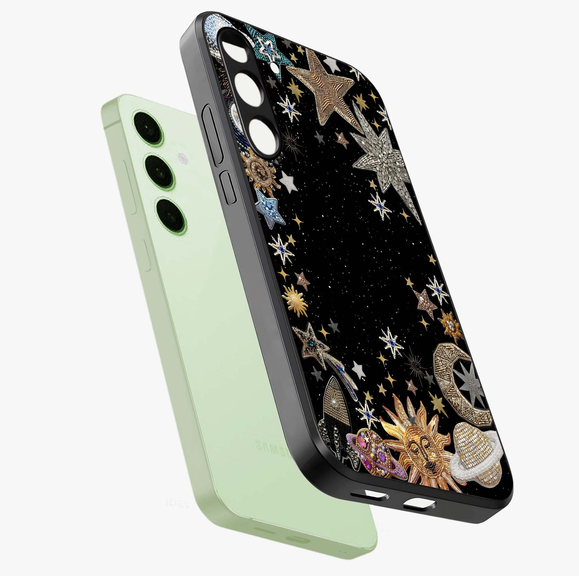 Galactic Jewel Stars Glass Case displayed in angled mockup highlighting shining celestial star design with cosmic aesthetic style.