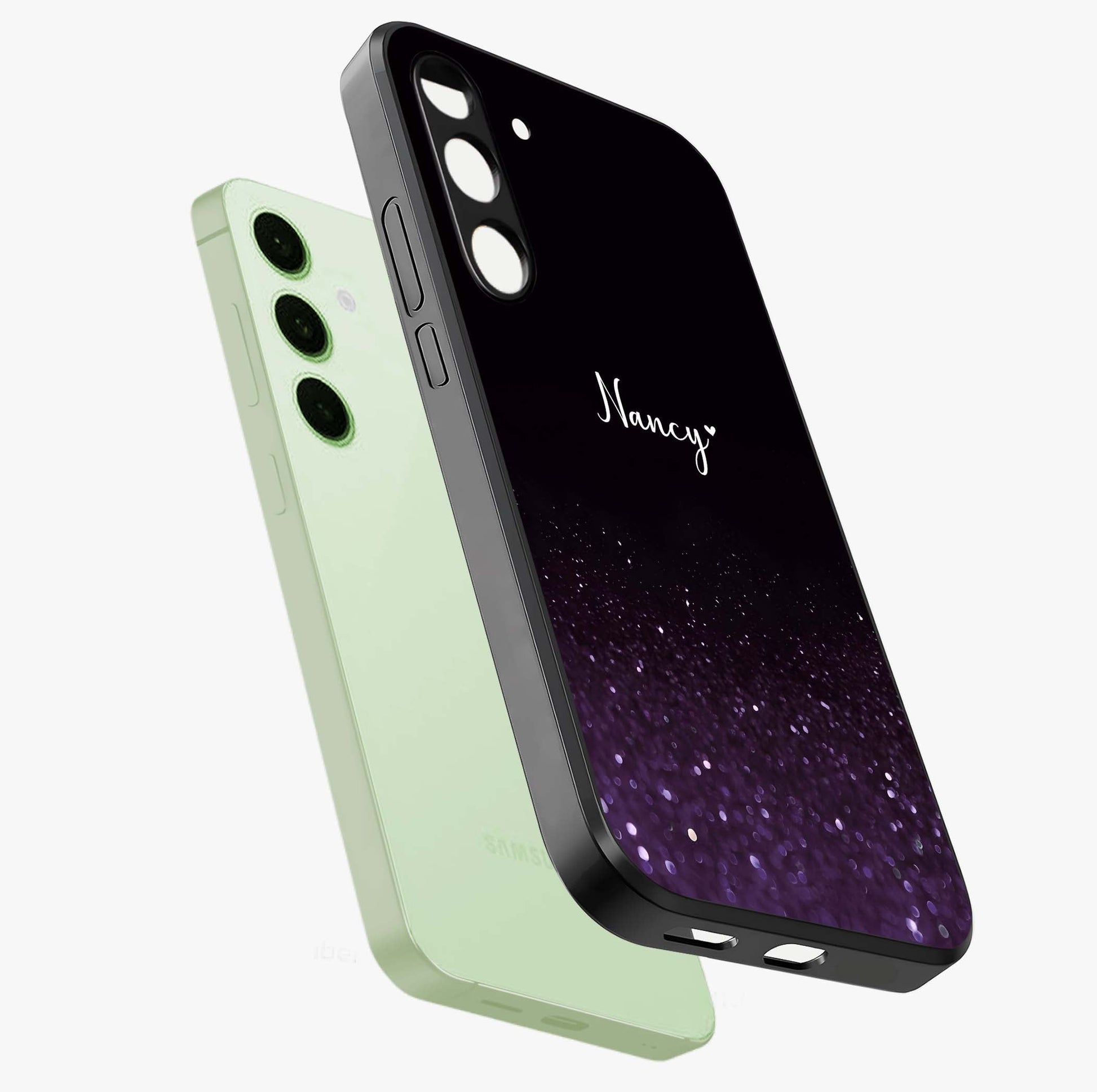 Glittery Purple Bokeh Custom Name Glass Case displayed in angled mockup highlighting glitter bokeh pattern with custom name feature.