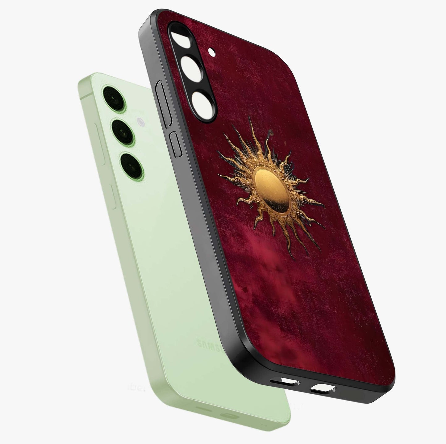 Golden Sun Minimalism Glass Case displayed in angled mockup highlighting clean sun symbol design with modern minimal aesthetic.