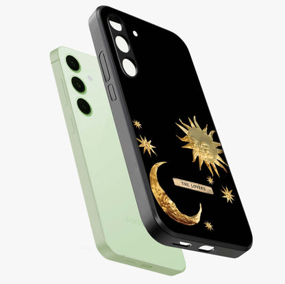 Gold Sun Blush Glass Case displayed in angled mockup highlighting radiant sun design with warm golden aesthetic.