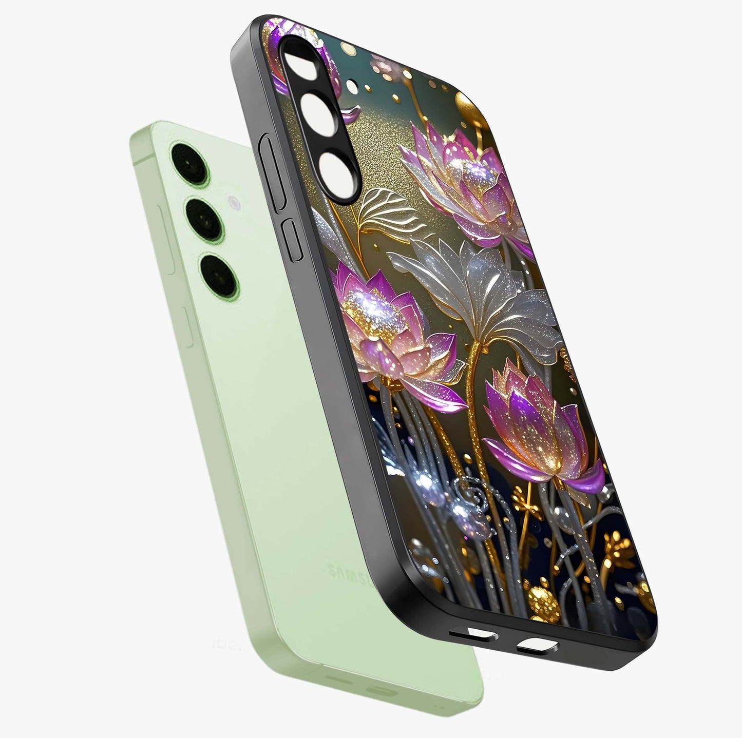 Golden Floral Majesty Glass Case displayed in angled mockup highlighting elegant flower design with royal golden aesthetic.