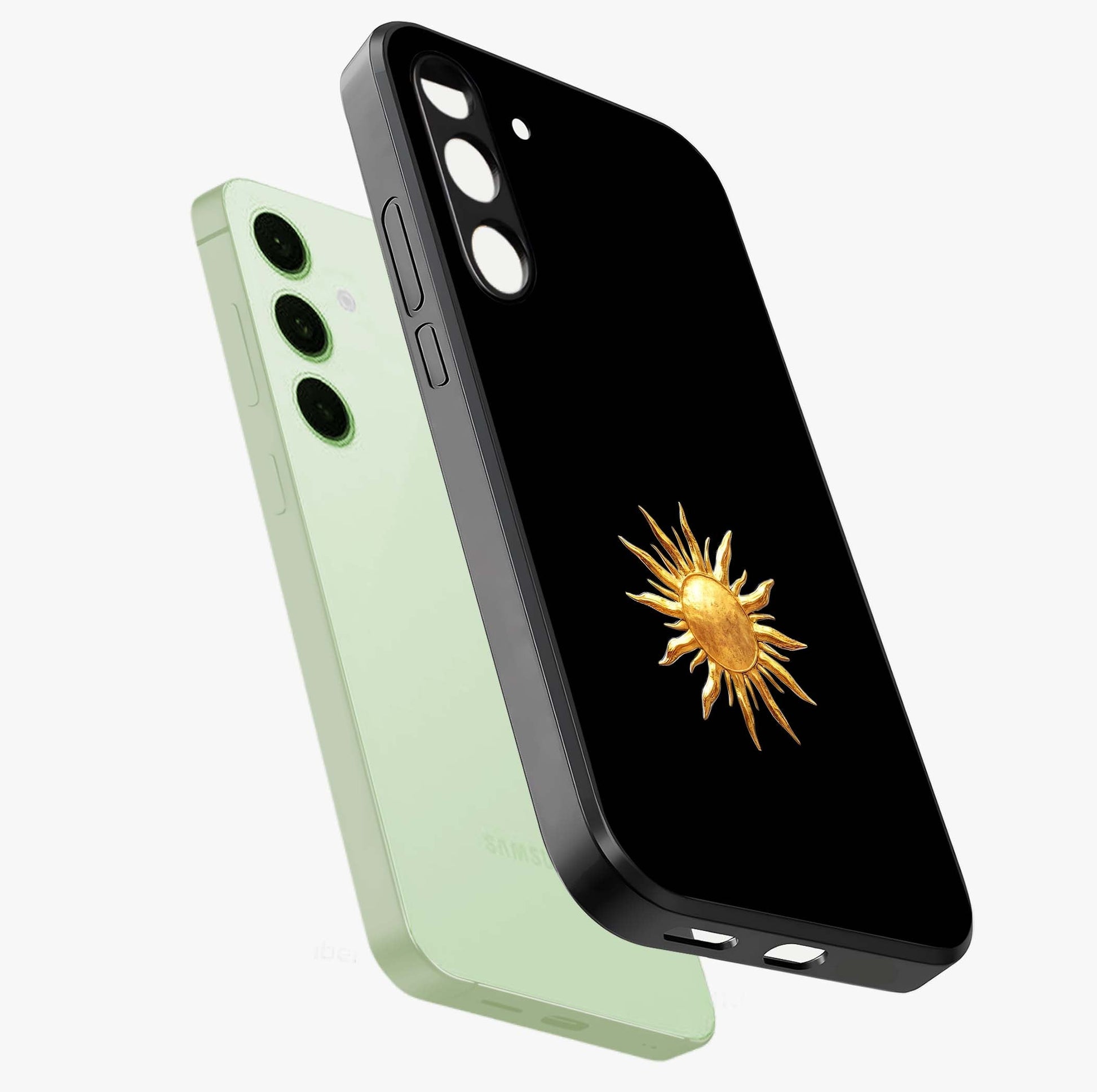 Golden Sun Minimalism Glass Case displayed in angled mockup highlighting eerie shadow illustration with gothic aesthetic.