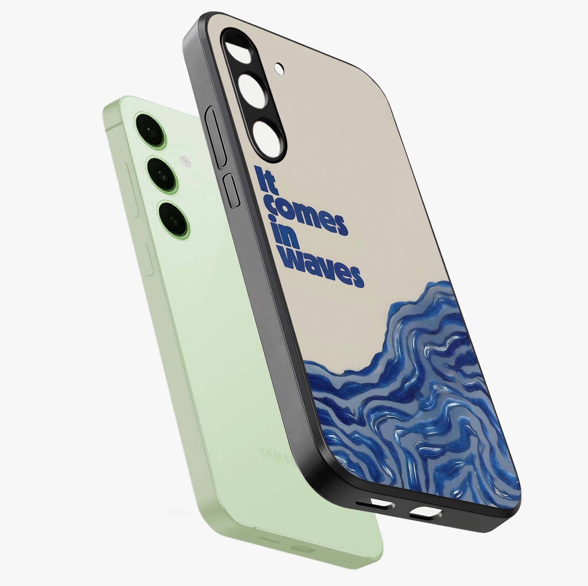 It Comes In Waves Quote Glass Case displayed in angled mockup highlighting ocean wave typography design with aesthetic style.