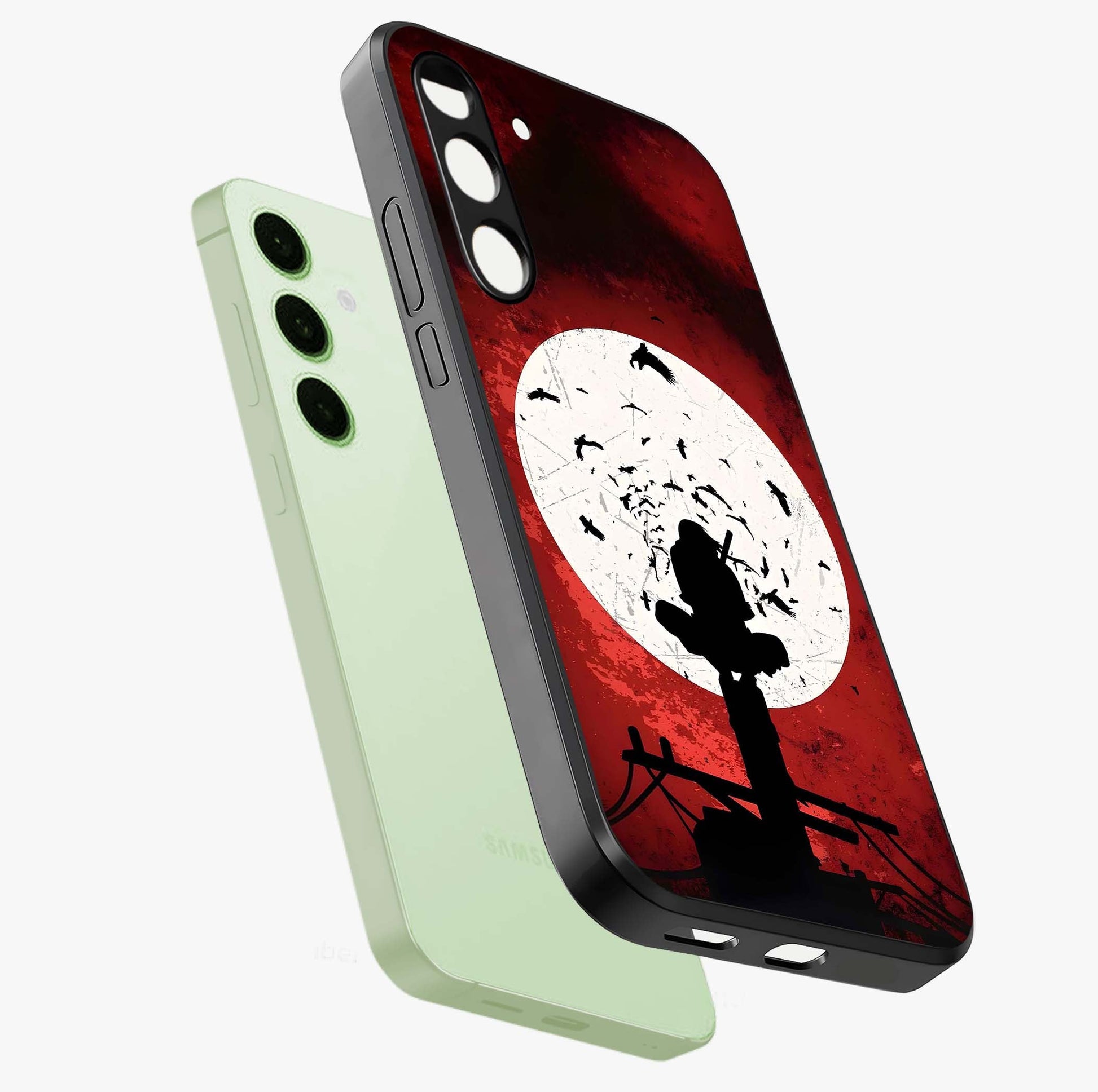 Itachi Limited Edition Naruto Anime Glass Case displayed in angled mockup highlighting dramatic anime illustration with bold action aesthetic.