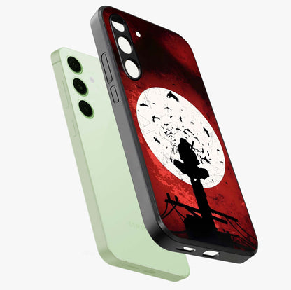 Itachi Limited Edition Naruto Anime Glass Case displayed in angled mockup highlighting dramatic anime illustration with bold action aesthetic.