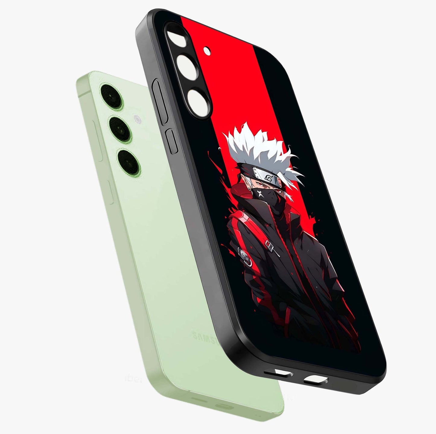 Kakashi Scarlet Shadow Glass Case displayed in angled mockup highlighting dramatic ninja illustration with scarlet themed aesthetic.