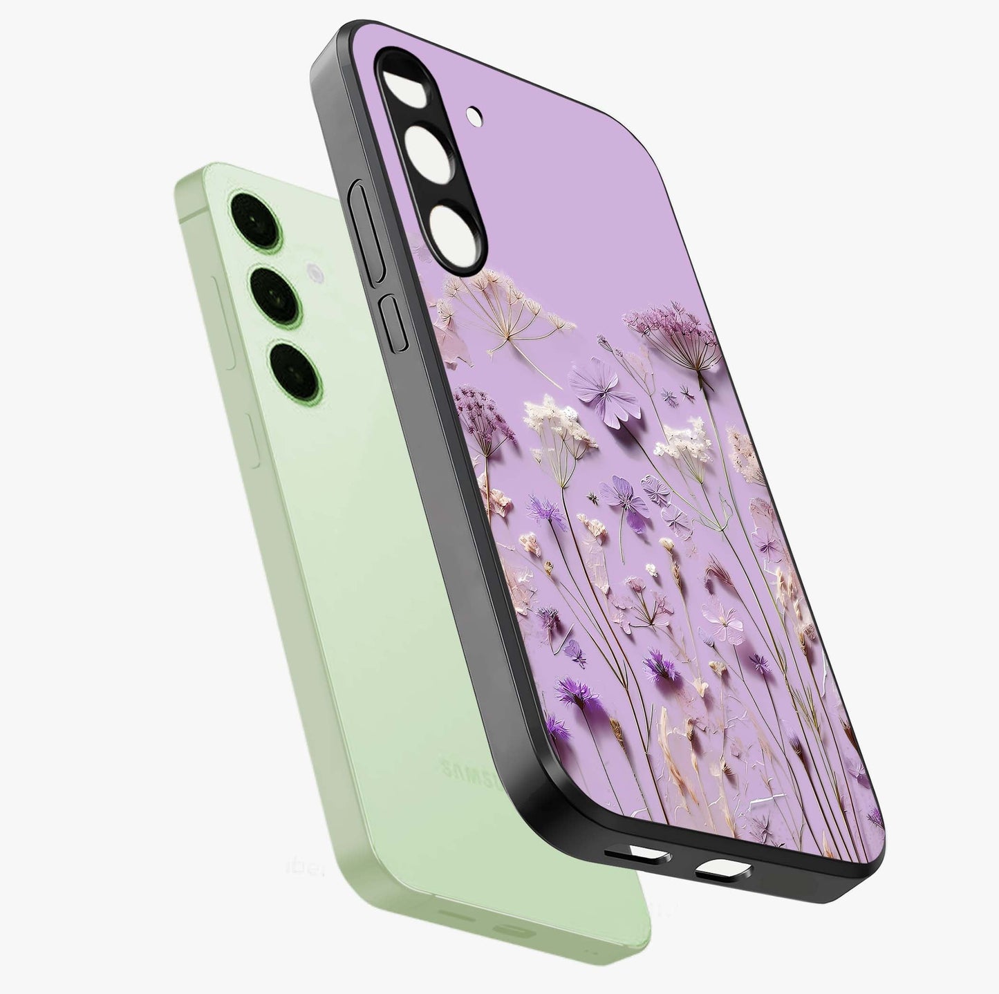 Lavender Blossom Dream Glass Case displayed in angled mockup highlighting dreamy lavender flower design with calming aesthetic style.