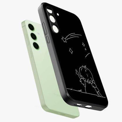 Line Art Girl With Shooting Stars Glass Case displayed in angled mockup highlighting elegant line art design with dreamy star aesthetic.