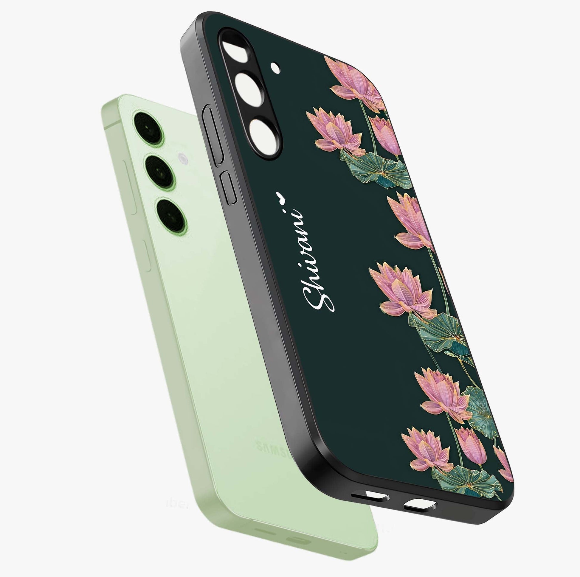 Lotus Bloom Serenity Custom Name Glass Case displayed in angled mockup highlighting graceful lotus illustration with custom name feature.
