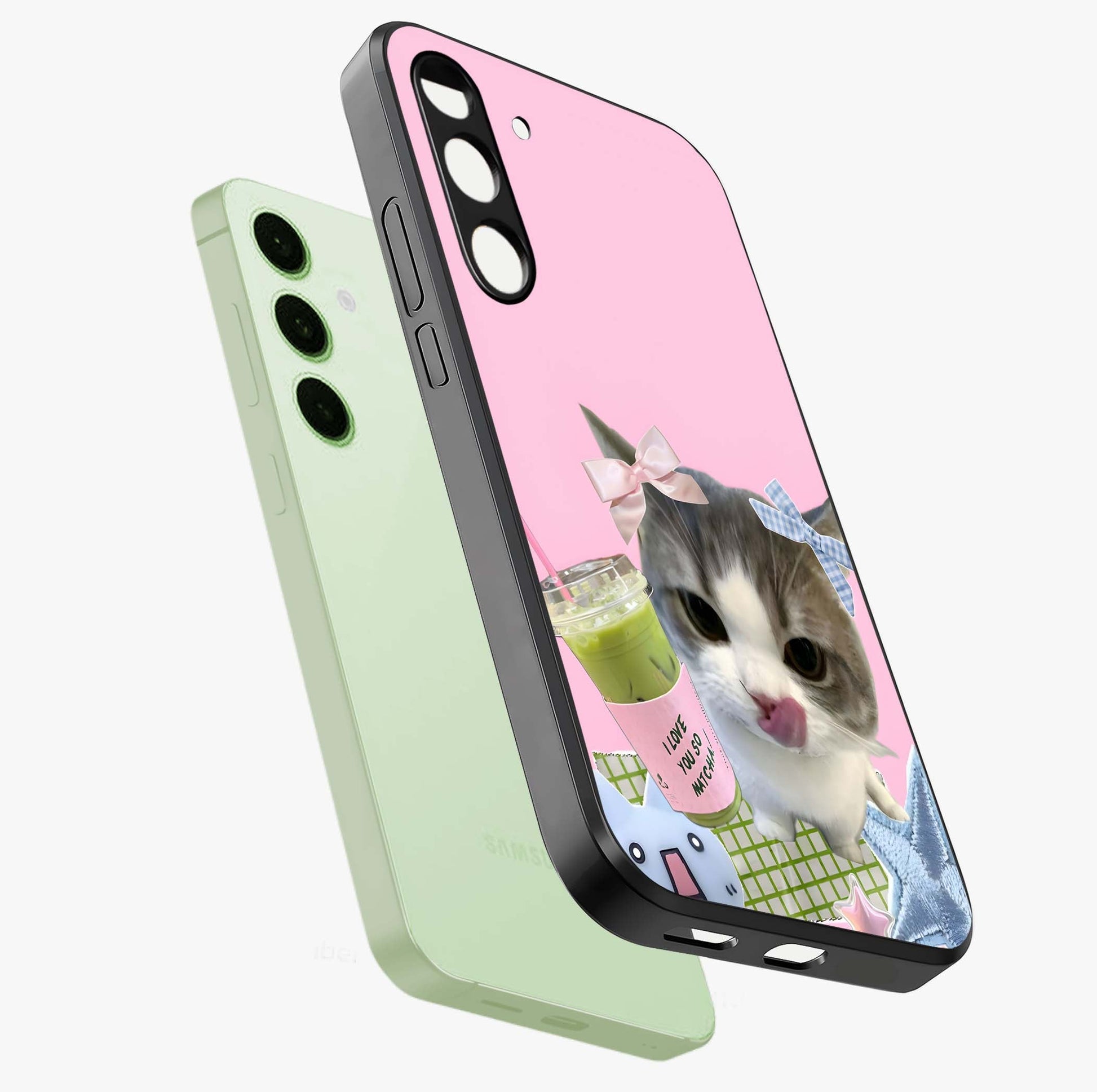 Love Matcha Cat Glass Case displayed in angled mockup highlighting playful feline illustration with cozy matcha aesthetic.