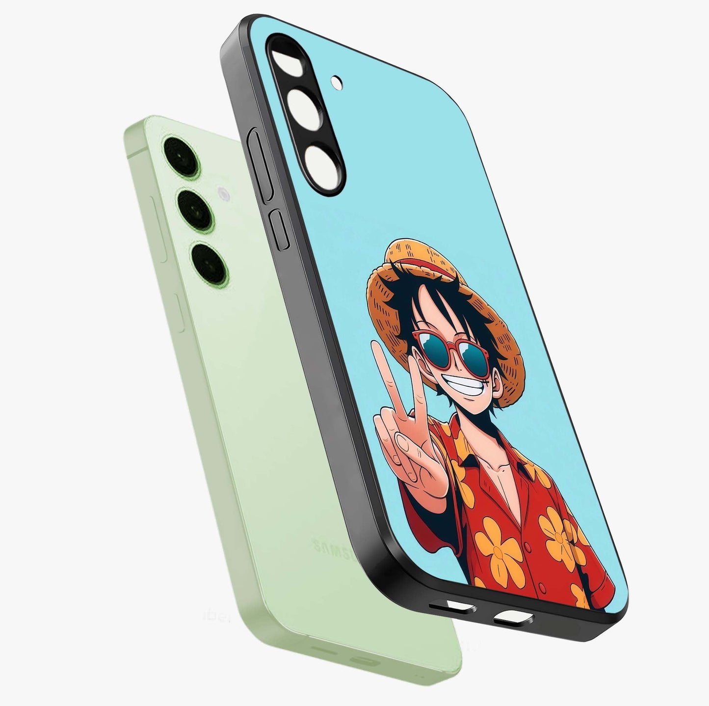 Luffy Summer Anime Vibe Glass Case displayed in angled mockup highlighting energetic anime illustration with summer vibe aesthetic.