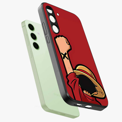 Luffy X Spirit Glass Case displayed in angled mockup highlighting powerful anime design with energetic action aesthetic.