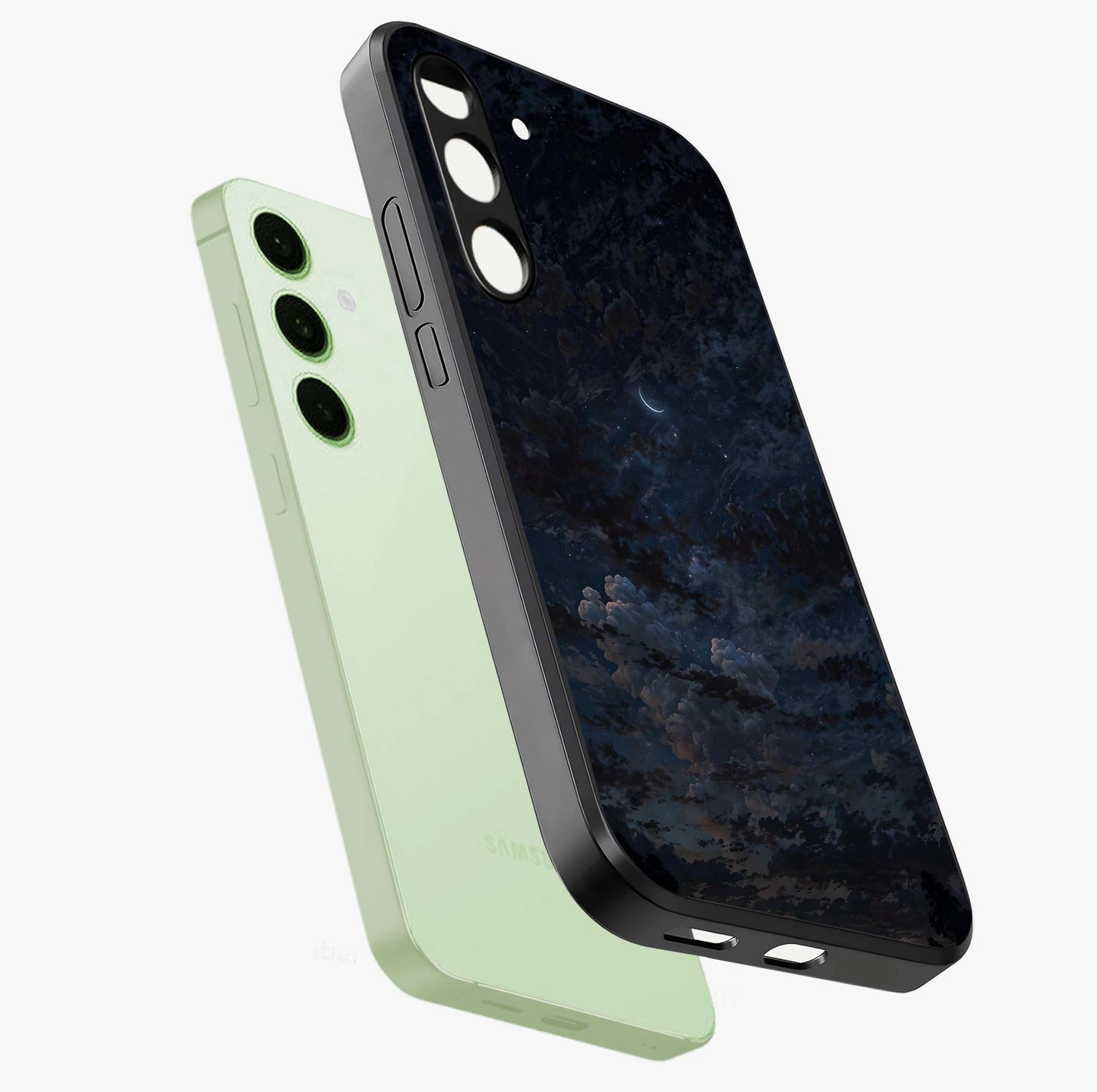 Lunar Veil Silence Glass Case displayed in angled mockup highlighting soft lunar design with peaceful celestial aesthetic.
