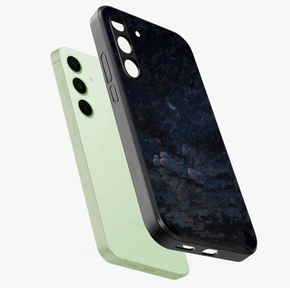 Lunar Veil Silence Glass Case displayed in angled mockup highlighting soft lunar design with peaceful celestial aesthetic.