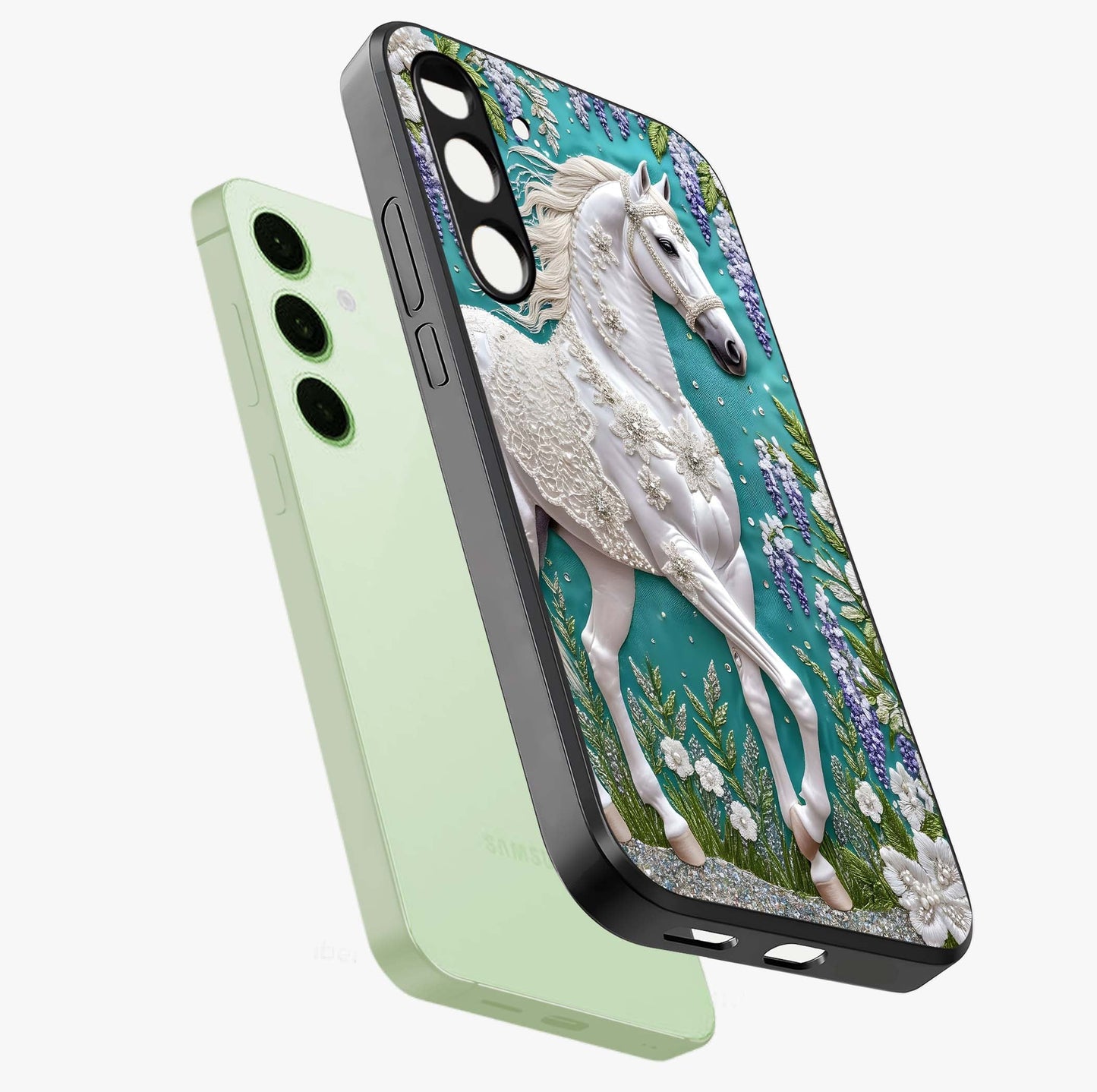 Majestic Floral Stallion Glass Case displayed in angled mockup highlighting majestic stallion illustration with elegant floral aesthetic.