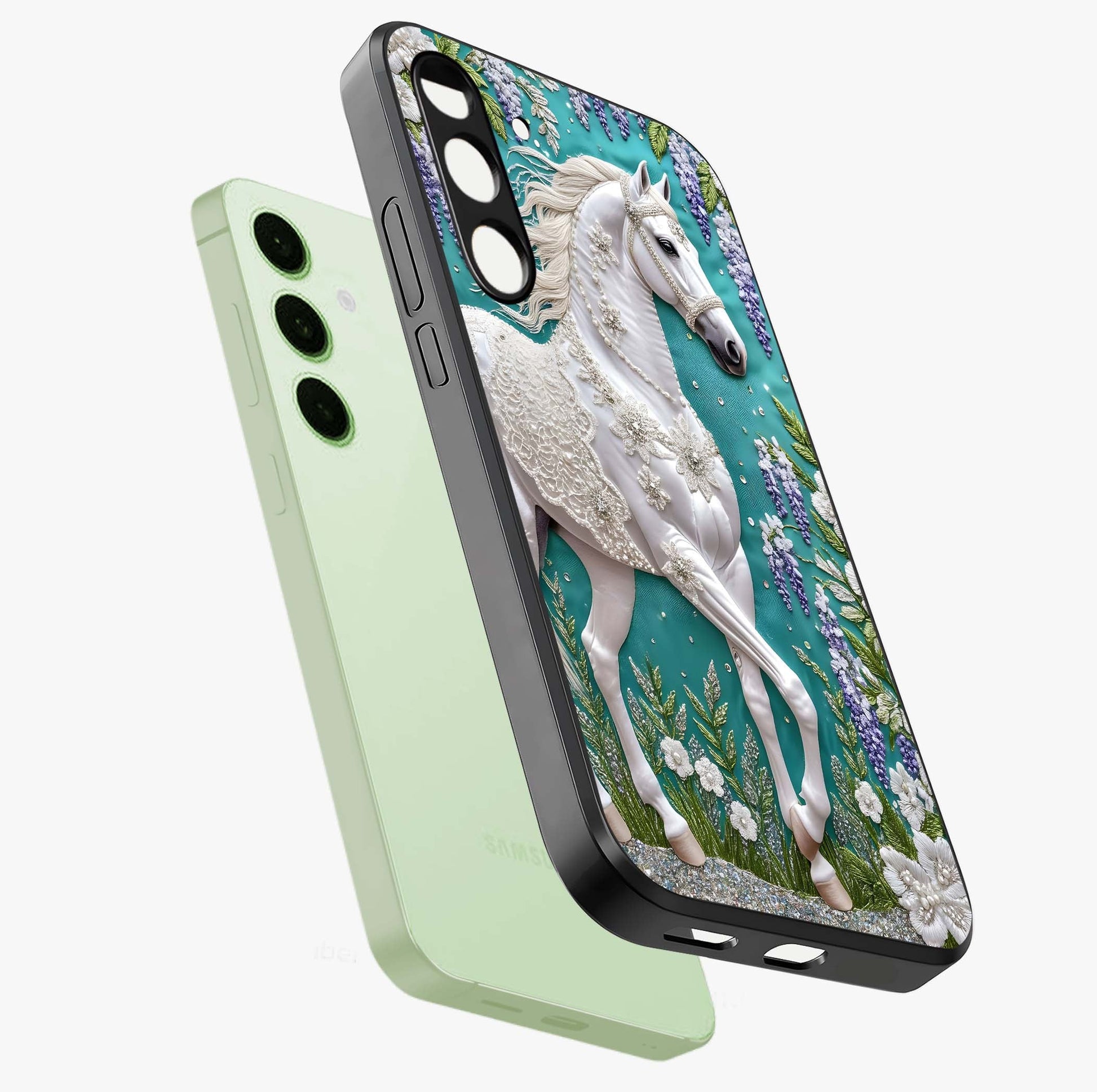 Majestic Floral Stallion Glass Case displayed in angled mockup highlighting majestic stallion illustration with elegant floral aesthetic.