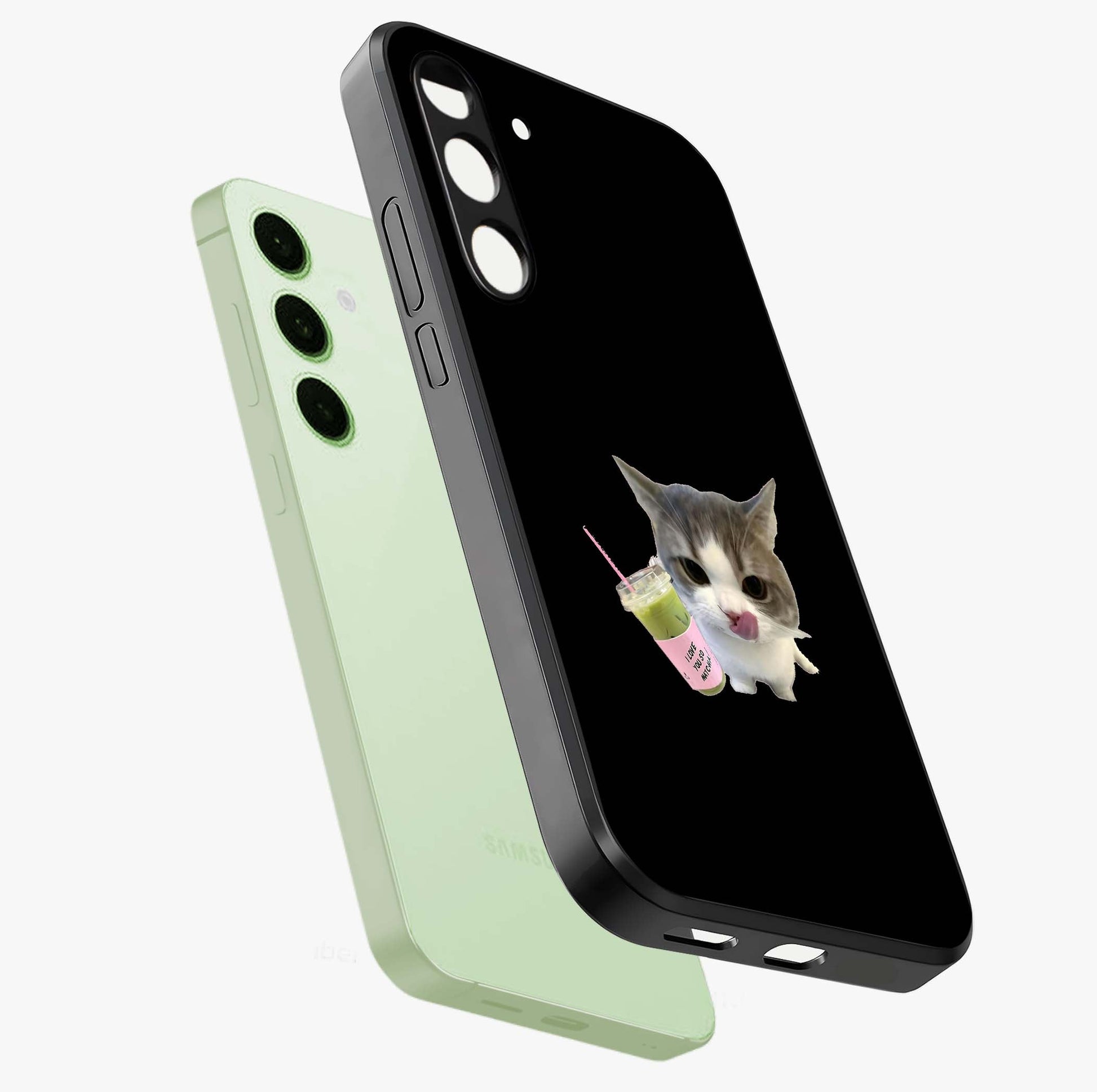 Matcha Cat Style Glass Case displayed in angled mockup highlighting playful feline design with pastel matcha aesthetic.