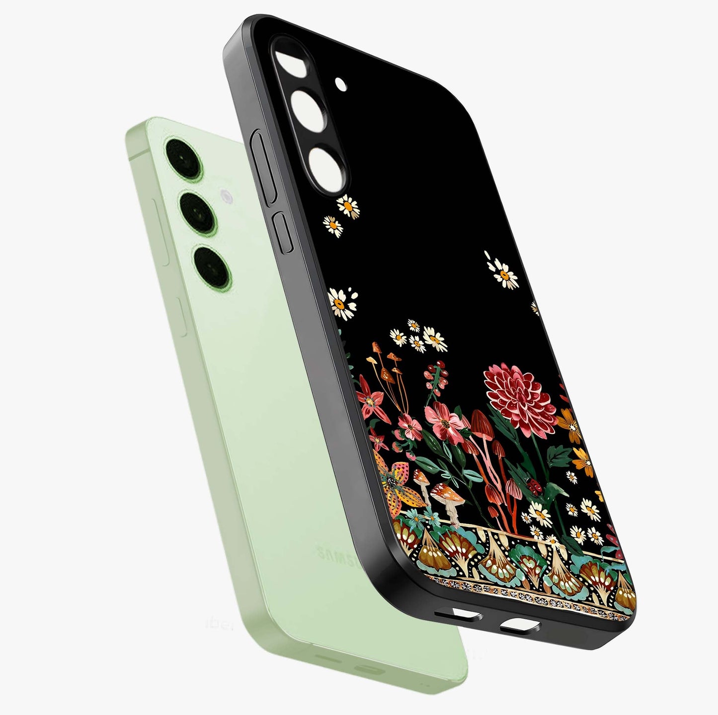 Midnight Bloom Pattern Glass Case displayed in angled mockup highlighting elegant flower design with midnight aesthetic style.