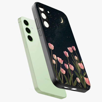 Midnight Tulip Whispers Vibe Glass Case displayed in angled mockup highlighting delicate tulip design with midnight floral aesthetic.