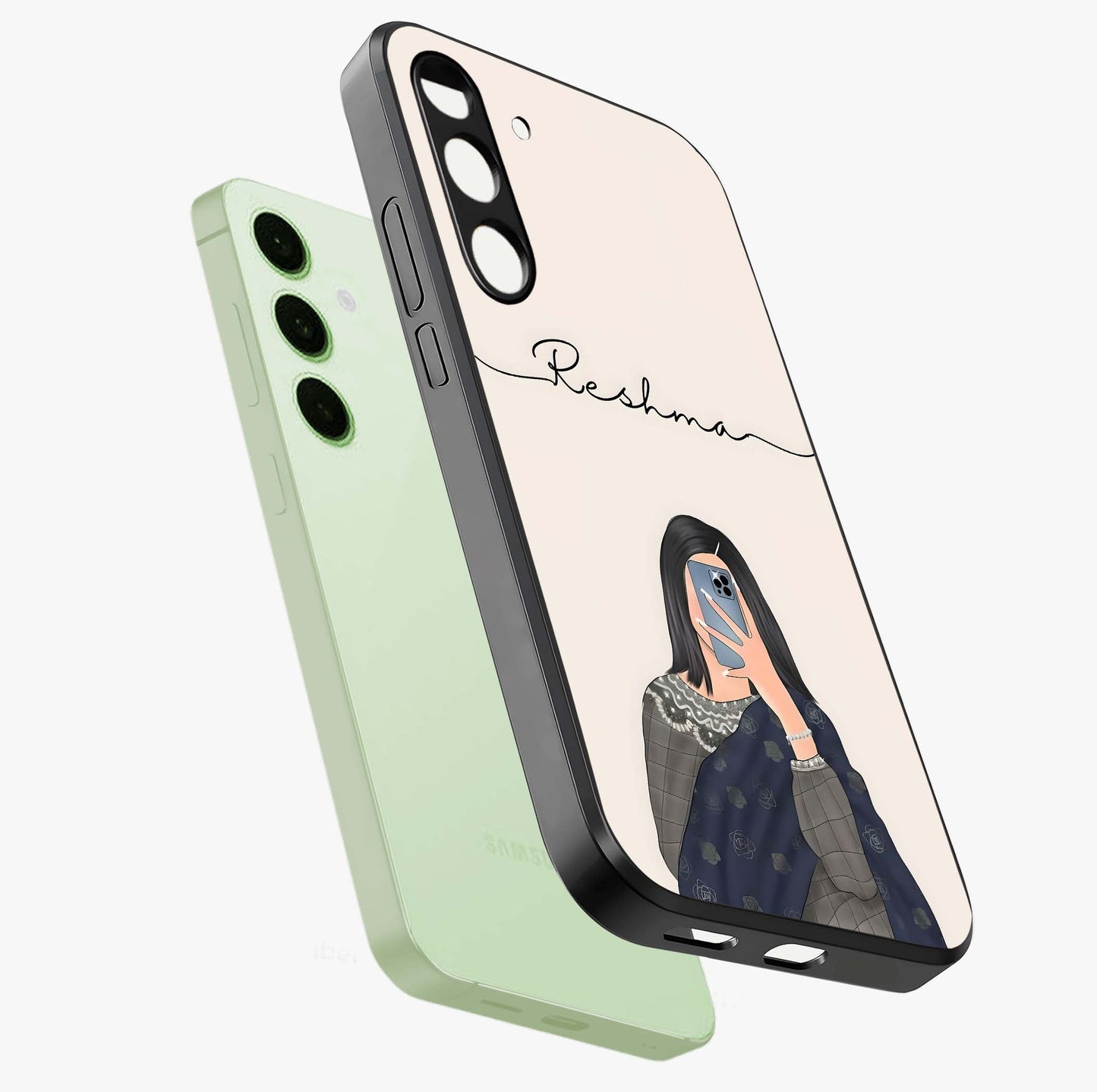 Mirror Mood Muse With Custom Name Glass Case displayed in angled mockup highlighting aesthetic mirror inspired design with custom name feature.