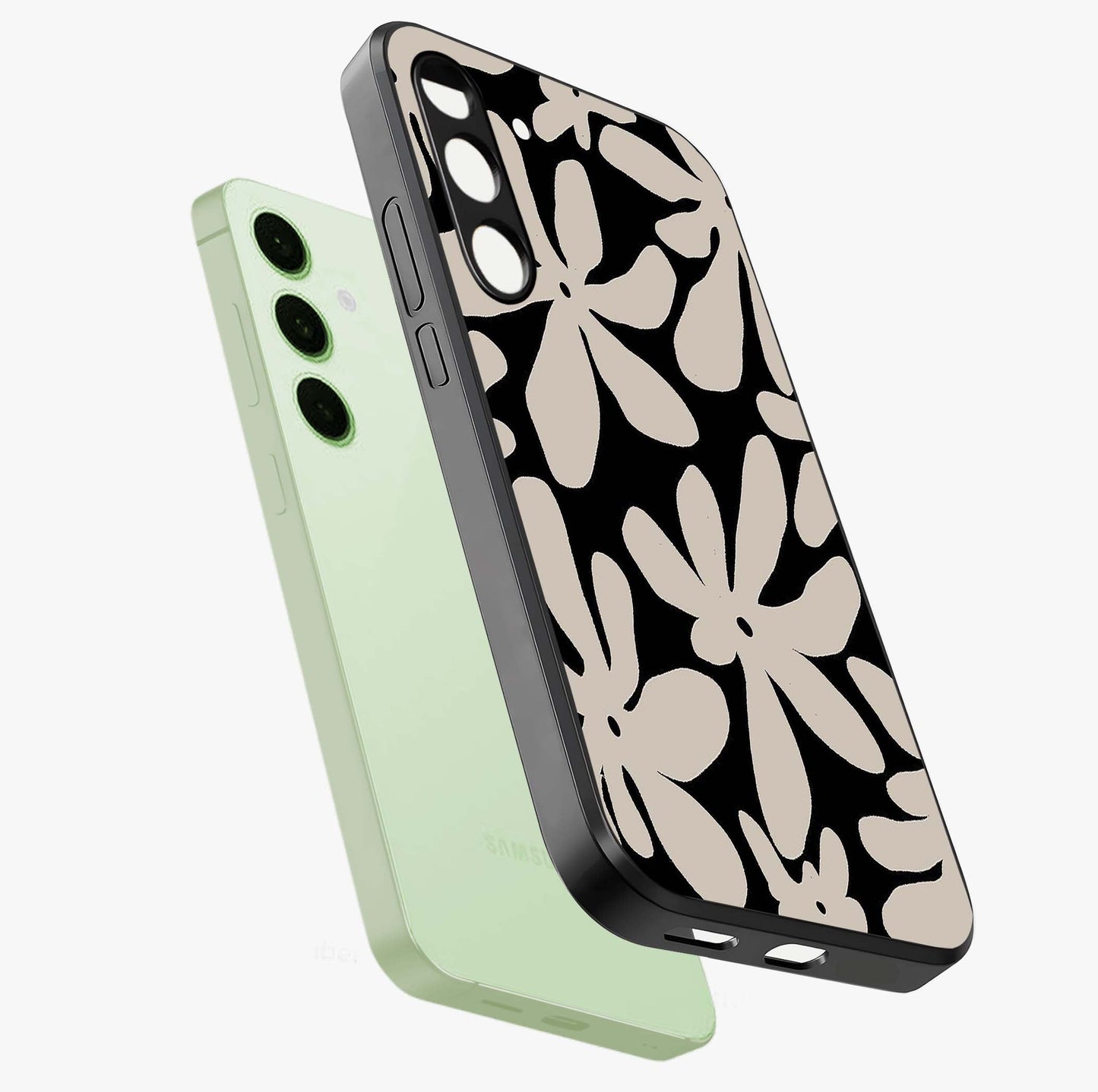 Monochrome Petal Dance Glass Case displayed in angled mockup highlighting elegant petal design with black and white aesthetic.