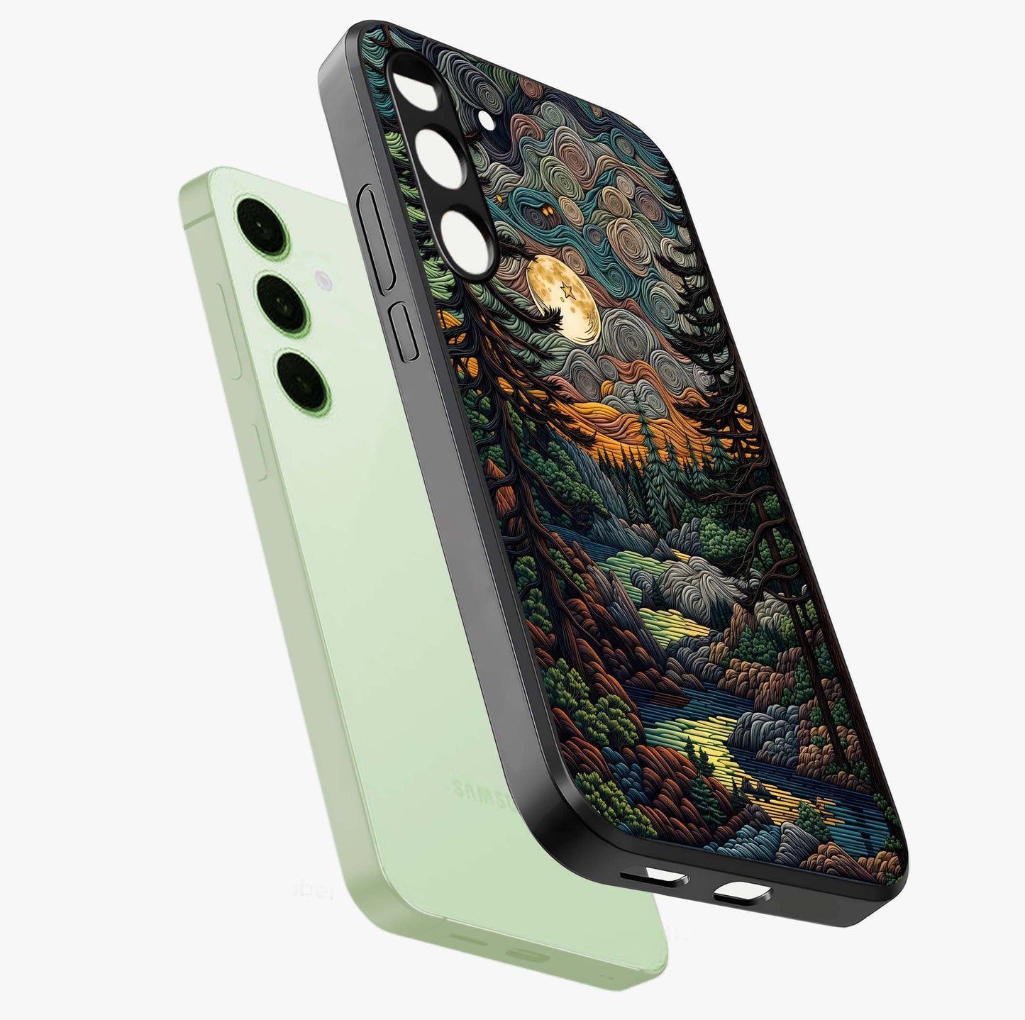 Moonlight Forest Dream Glass Case displayed in angled mockup highlighting dreamy forest design with glowing moon aesthetic.