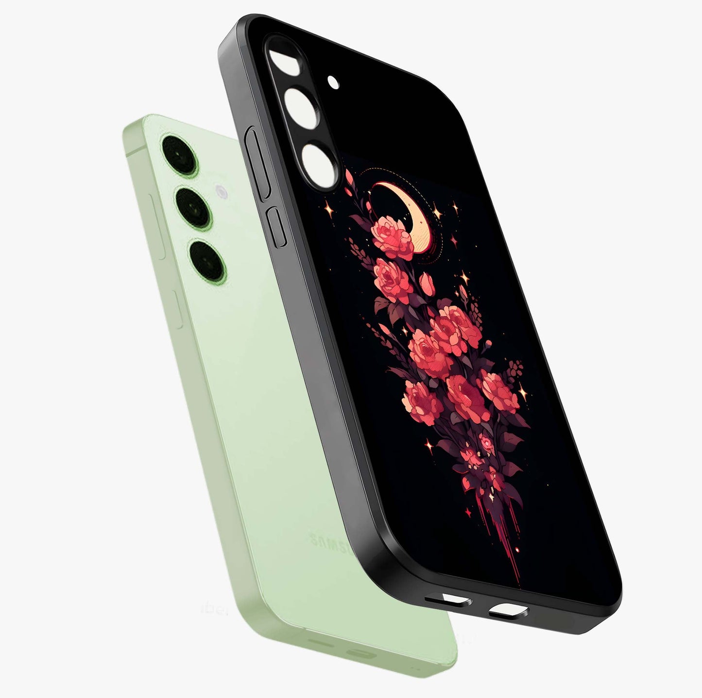Moonlit Floral Elegance Glass Case displayed in angled mockup highlighting graceful flower design with soft moonlight aesthetic.