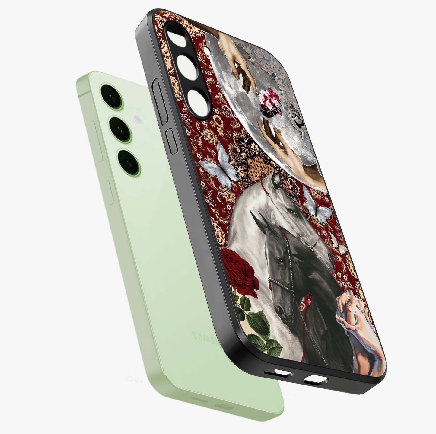 Moonlit Royal Stallion Glass Case displayed in angled mockup highlighting powerful stallion illustration with royal night aesthetic.