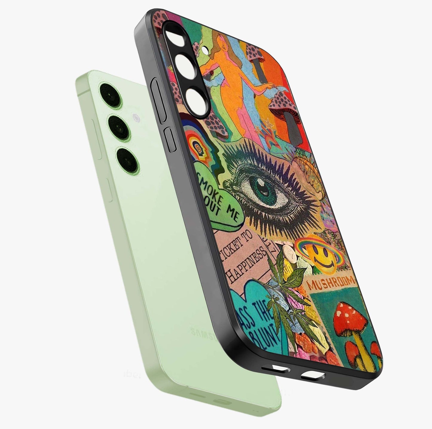 Mystic Eye Wonderland Glass Case displayed in angled mockup highlighting magical eye illustration with dreamy aesthetic.