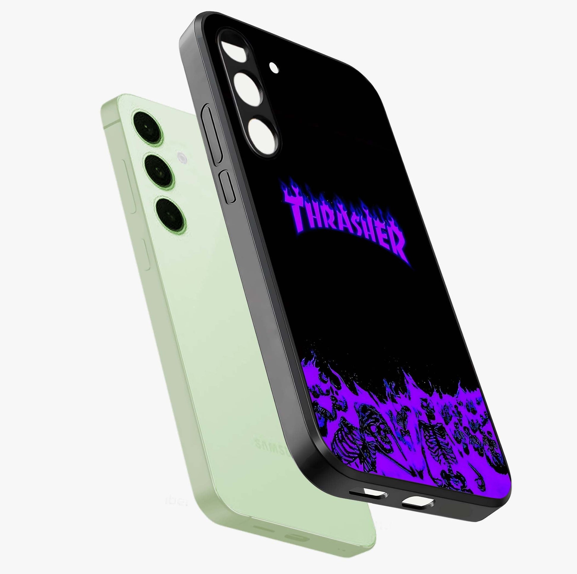 Neon Flame Riot Glass Case displayed in angled mockup highlighting glowing flame design with vibrant neon aesthetic.