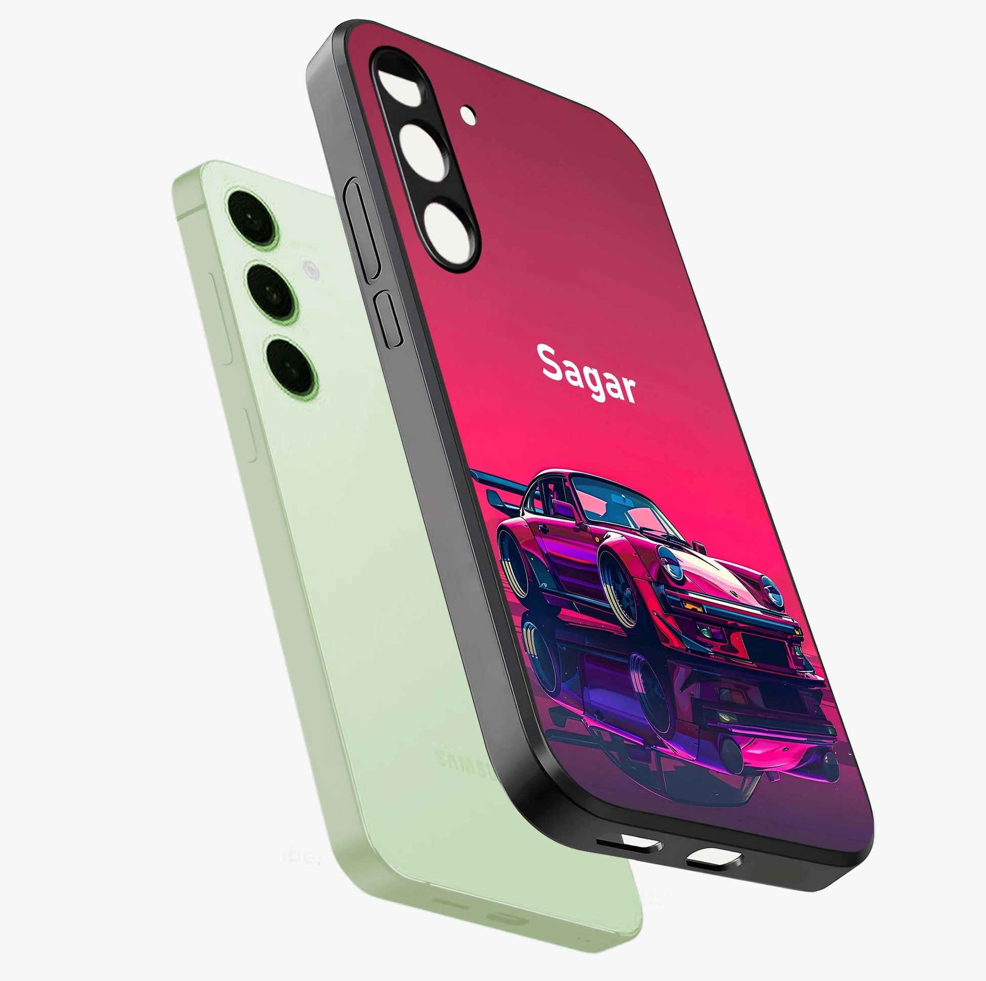 Neon Pink Porsche Glass Case displayed in angled mockup highlighting sleek neon pink car design with racing aesthetic.