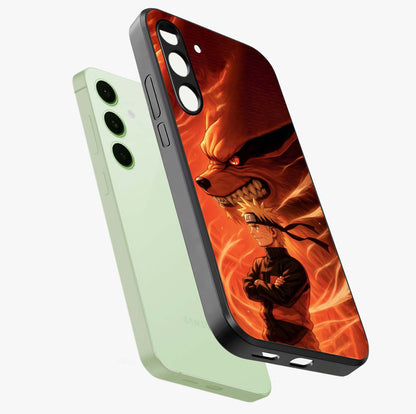 Nine Tails Legacy Glass Case displayed in angled mockup highlighting dynamic anime beast illustration with bold mystical aesthetic.