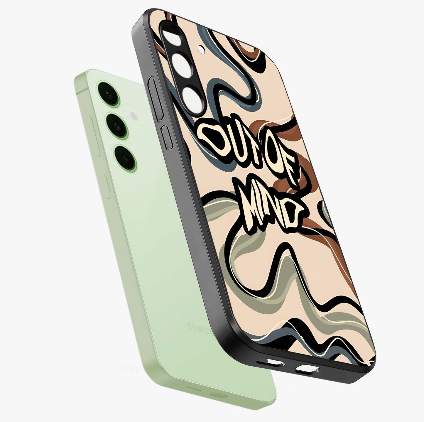 Out Of Mind Glass Case displayed in angled mockup highlighting bold statement design with modern artistic aesthetic.